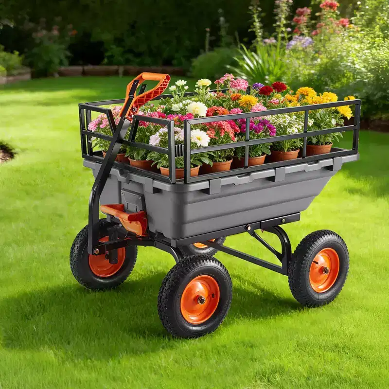 VVEVOR Garden Dump Cart, 1500lbs Poly Dump Cart, 15 Cu. Ft. Garden Carts Dumps Wagon with 2-in-1 Convertible Handle, Black&Gray