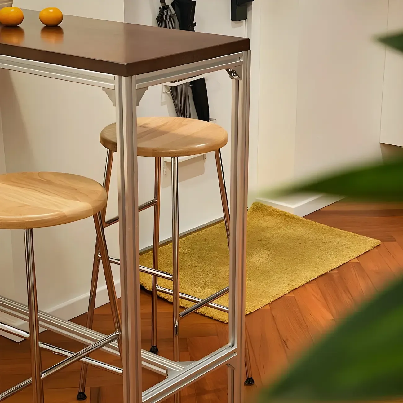 Modern Brown Wood Silver Metal Trestle Bar Tables