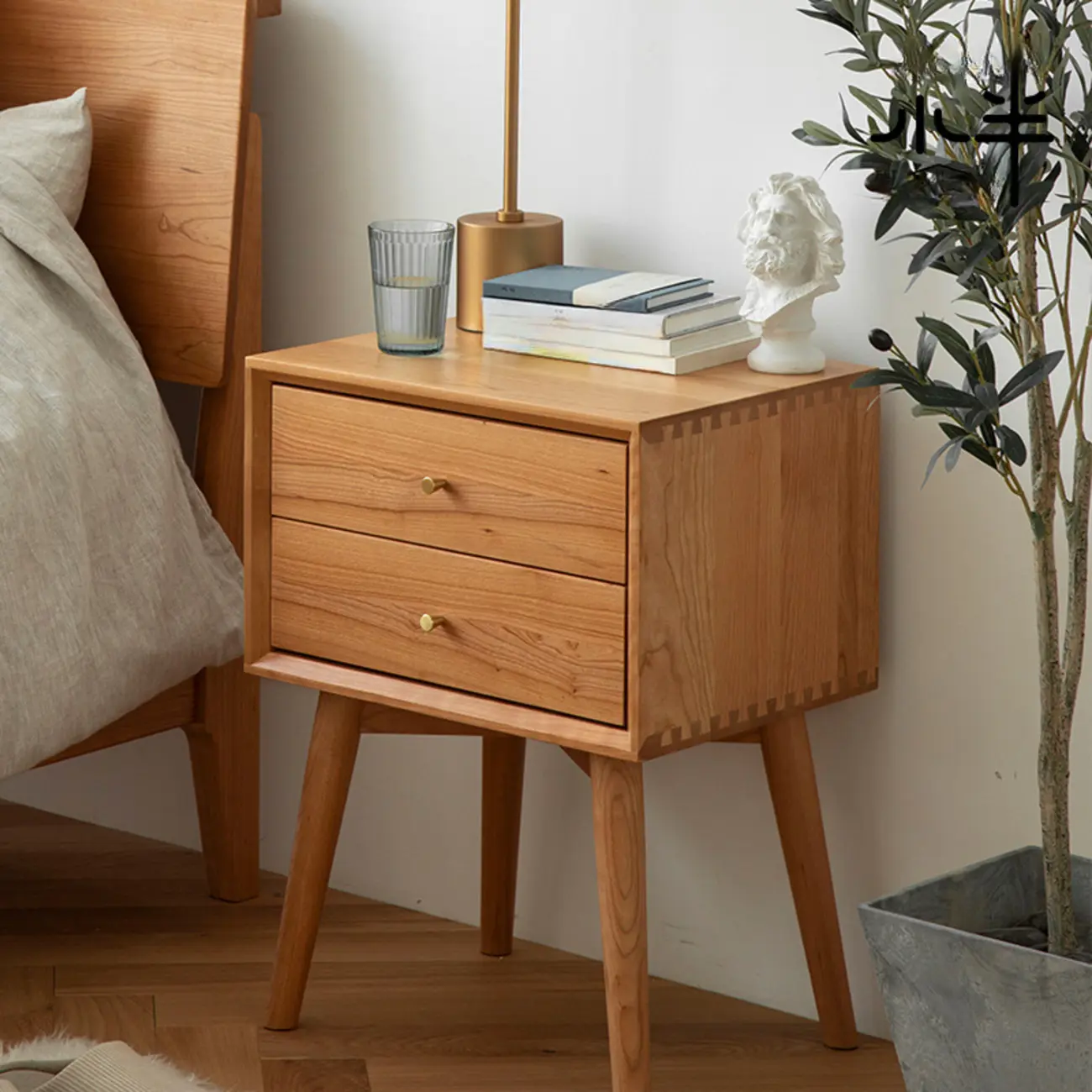 Scandinavian Narrow Cherry Wood Nightstand with Drawers