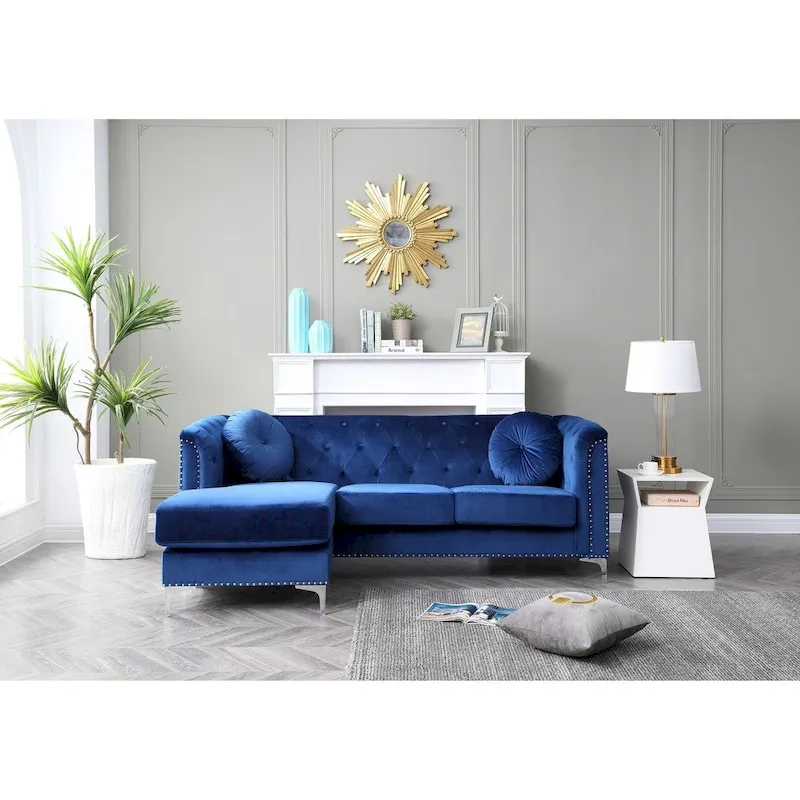 Velvet Button-Tufted Sofa with Reversible Chaise for 3-4 People
