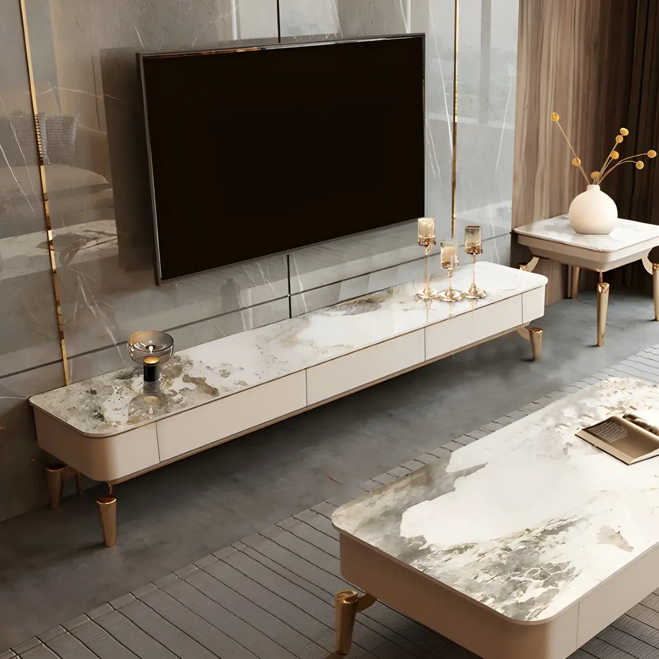 Luxury White Stone Top Gold Leg TV Stand with Storage