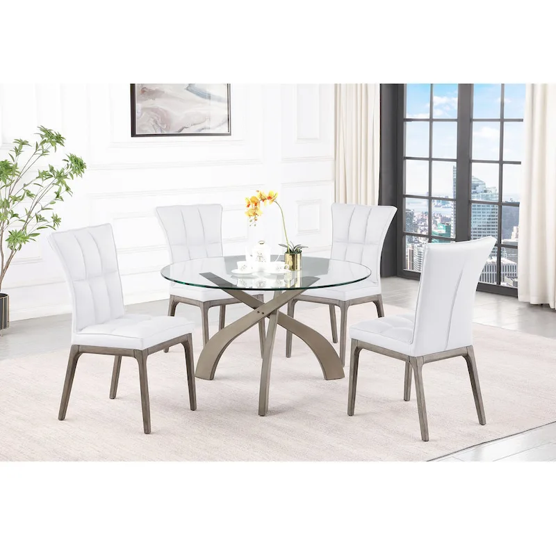 White 5-Seat Round Glass Dining Set, Criss-Cross Style