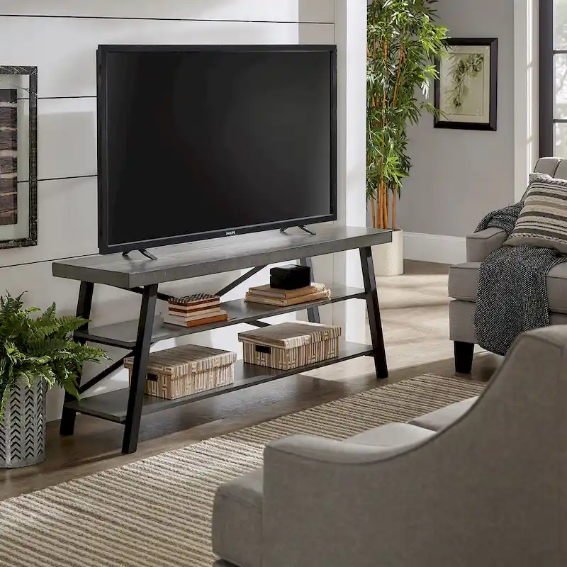 Grey / Black / Oak / Brown X-Base 60-Inch TV Stand, Open Shelf, Fits up to 65