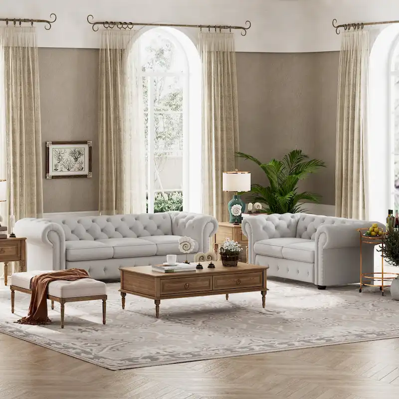 2-Piece Tufted Rolled Arm Chesterfield Sofa & Loveseat Set – Beige/Grey/Dark Grey
