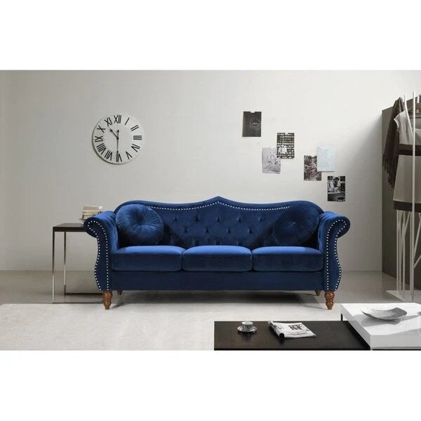 Crushed Velvet Chesterfield Sofa with Nailhead Trim – Blue / Grey / Ivory / Green, Button-Tufted, Seats 3