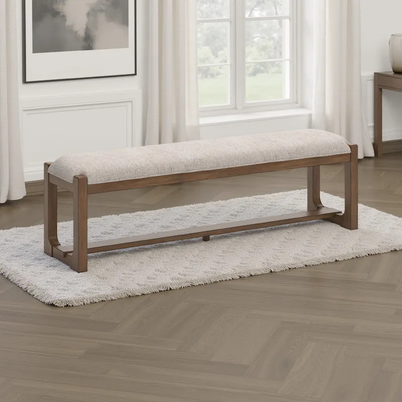 Large Dining Bench, Padded Beige Polyester, Brown Wood, 64 Inch