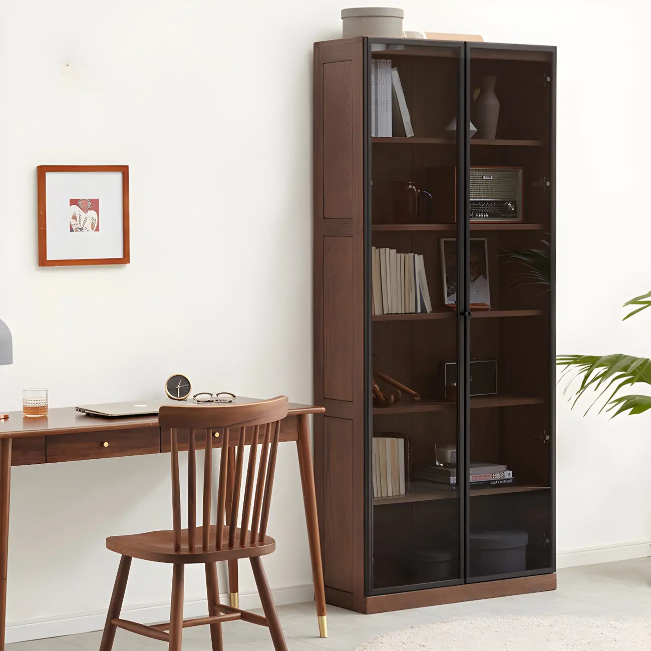 Adjustable Shelves Glass Solid Wood Display Wine Cabinet