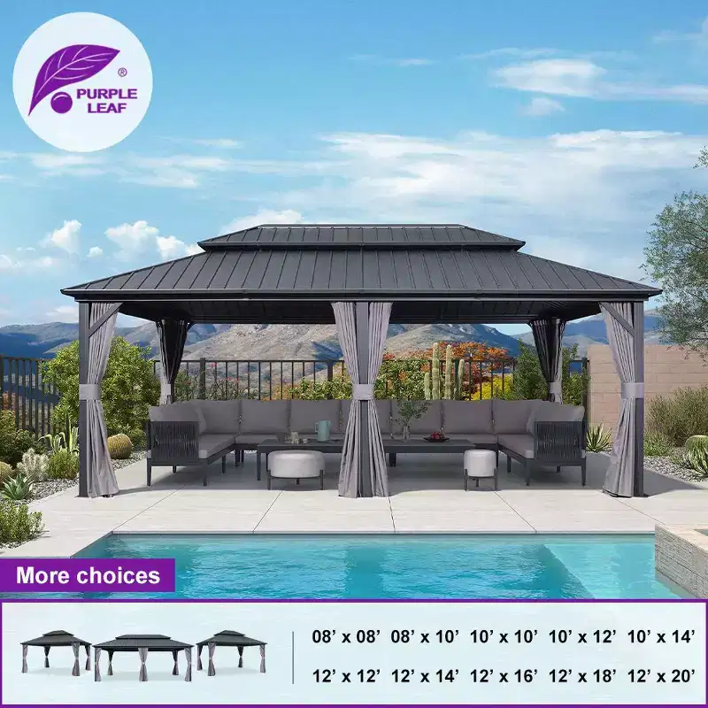 PURPLE LEAF 12' x 14' Permanent Hardtop Gazebo Aluminum Frame Gazebo with Galvanized Steel Double Roof, Netting & Curtains included - Grey