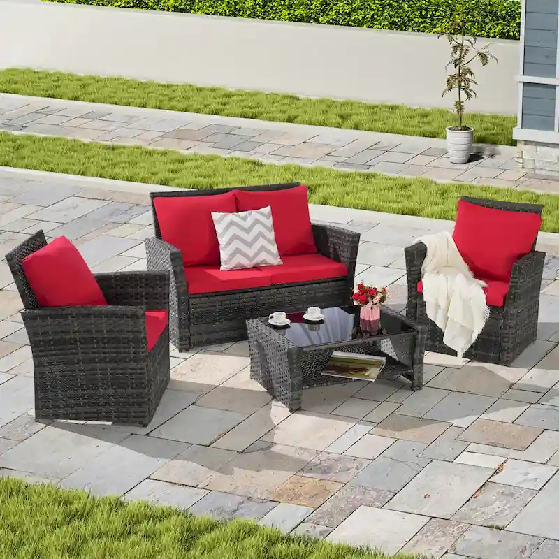 4-Piece Rattan Conversation Sofa Set with Glass Table