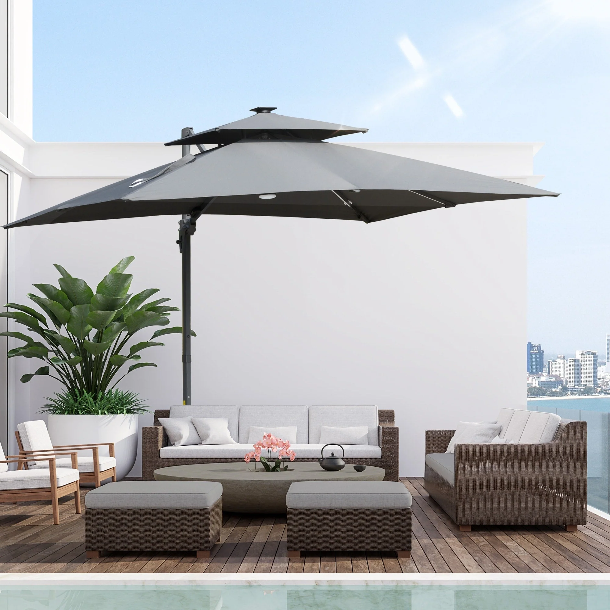 Outsunny 10ft Solar LED Patio Umbrella, Offset Hanging Umbrella with 360° Rotation, Cross Base, 8 Ribs, Tilt and Crank