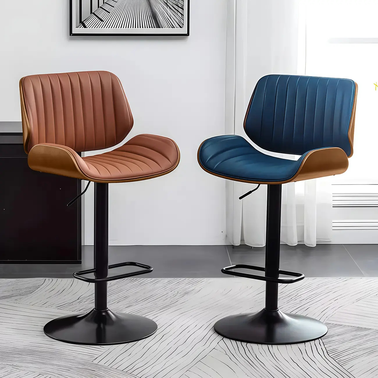 Elegant Wood Leather Red Swivel Adjustable Bar Stool