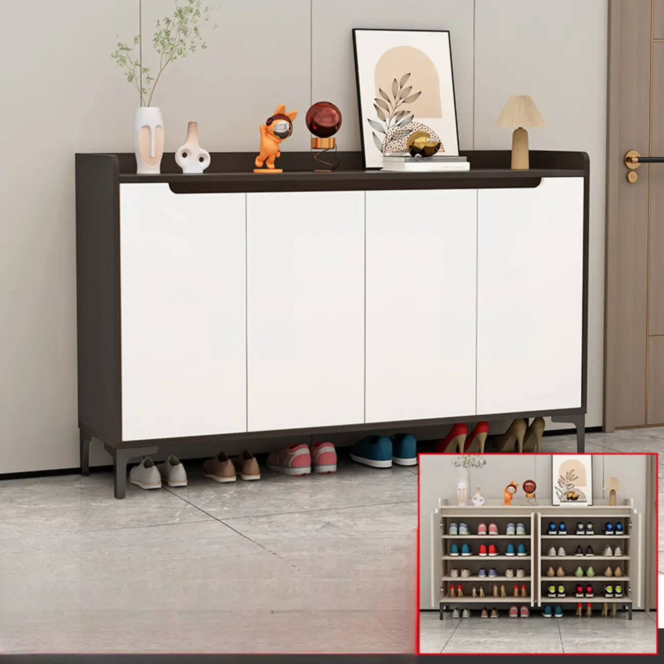 Sleek Milk Cocoa Wood Shoe Cabinet with Display Top