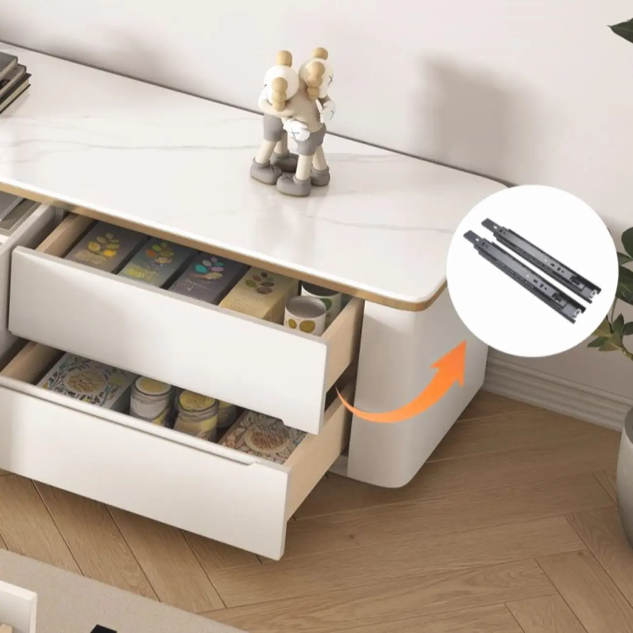 Modern White Stone Long TV Stand with Drawers