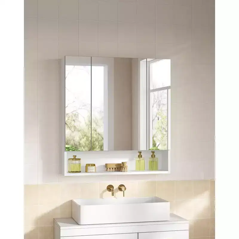 VASAGLE Medicine Cabinet Mirror, Bathroom Mirror with Storage, Bathroom Mirror Cabinet, Wall Mirror Cabinet, Open Compartment, Cloud White