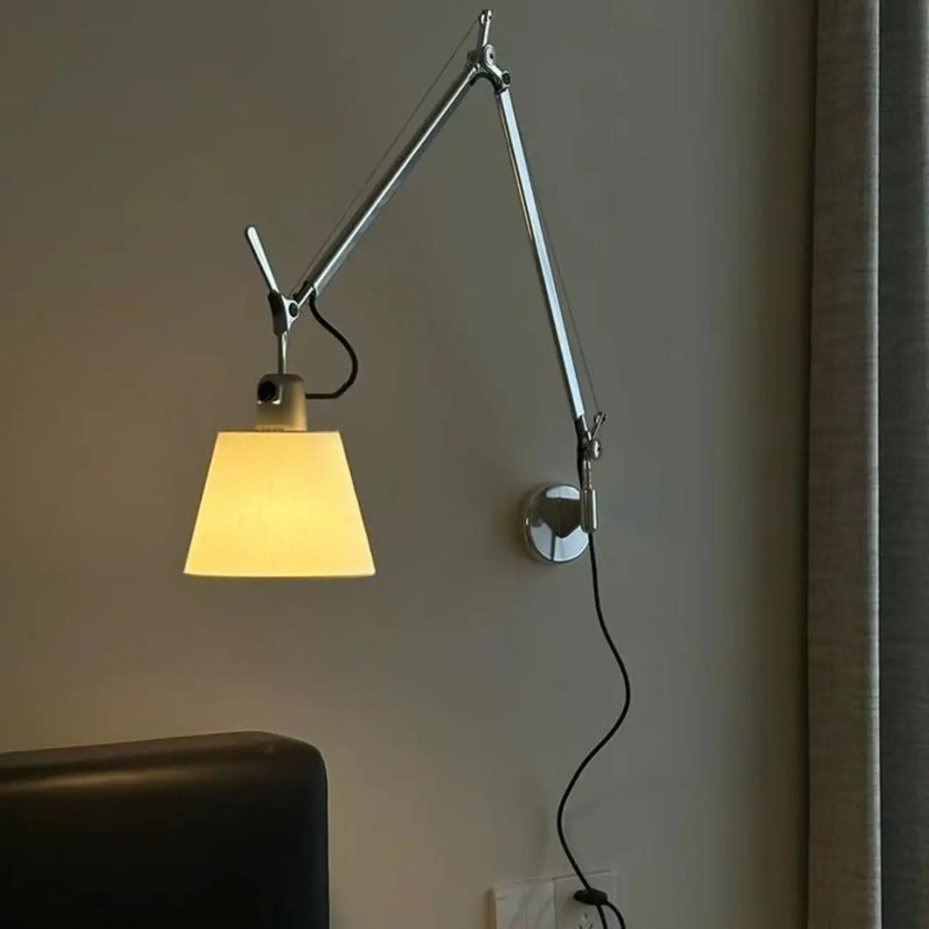 Modern Silver Swing Arm Wall Light with White Fabric Shade