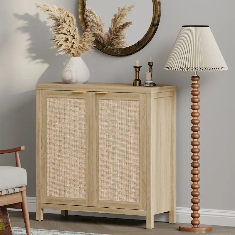 Beige / Oak / Black Rattan 2-Door Sideboard Buffet Cabinet