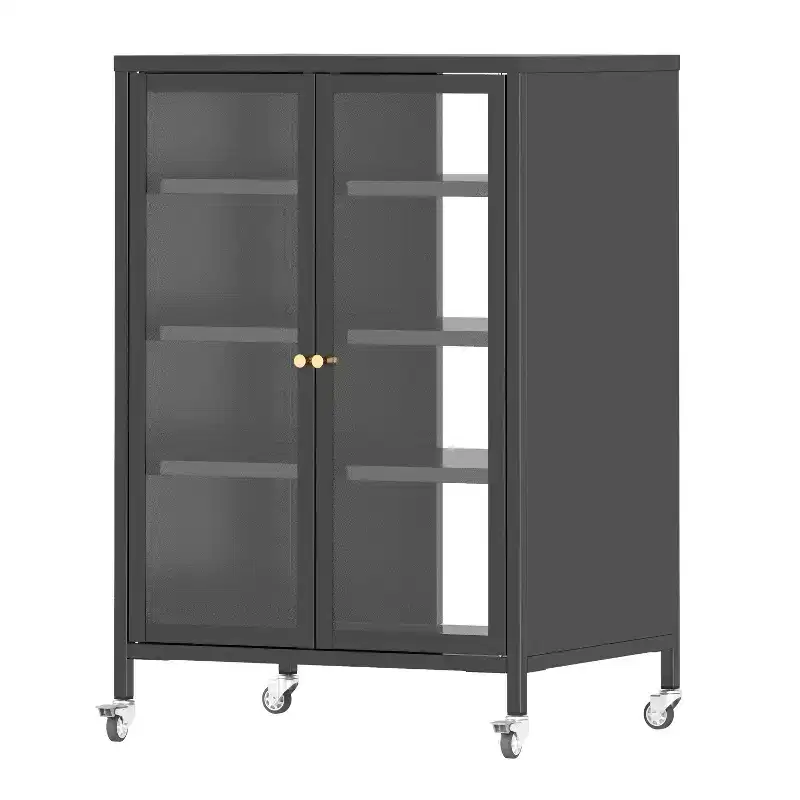 VIYET 36 Media Storage Cabinet with Wheels - 4 Adjustable Glass Shelves & Locking Door, Heavy-Duty Steel AV TV Stand for Living Room, Black