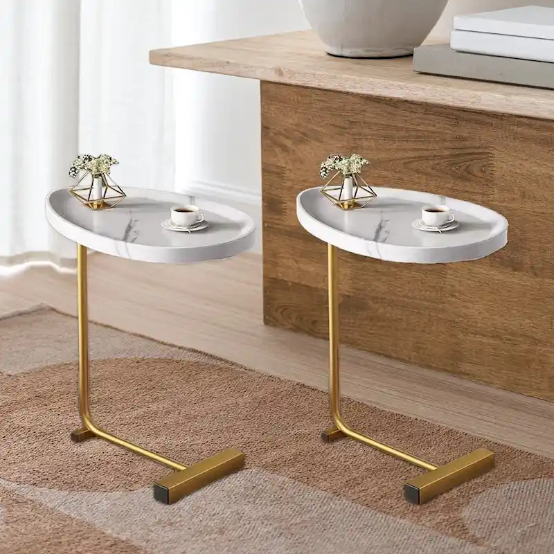 C-Shaped Side Table with Metal Frame, Set of 2 – White