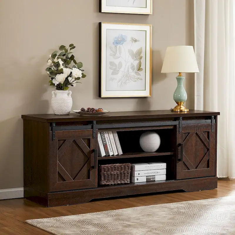 Farmhouse Sliding Barn Door Wood TV Stand / Storage Cabinet