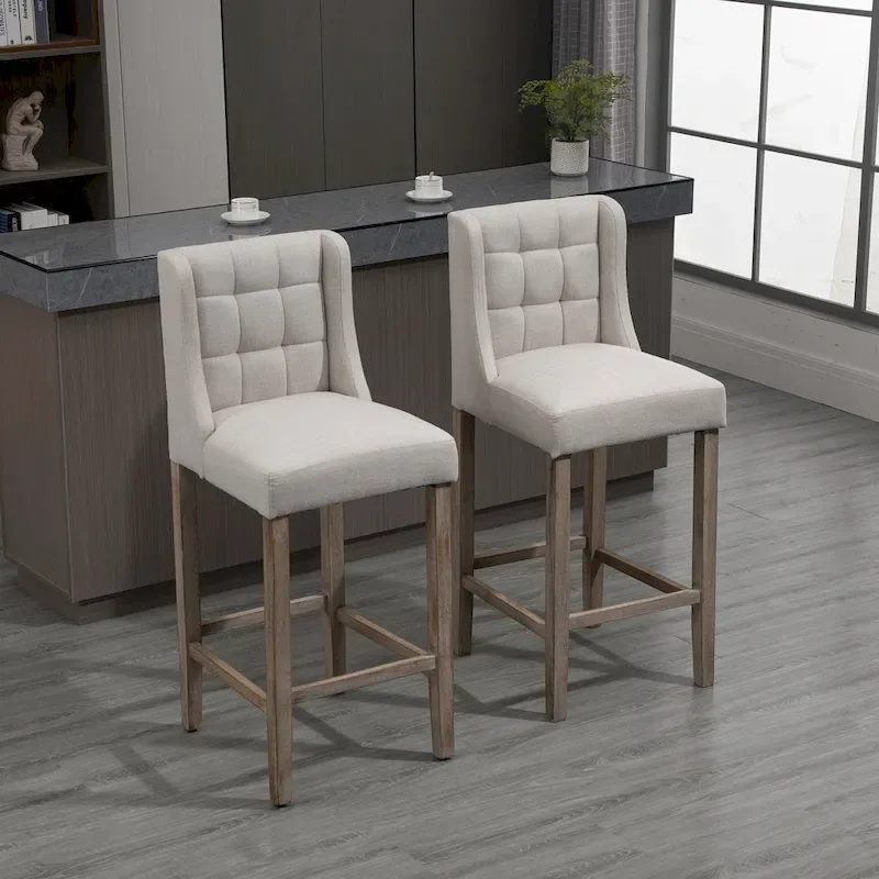 HOMCOM Modern Bar Height Bar Stools Set of 2 Tufted Upholstered Pub Chairs with Back Rubber Wood Legs for Kitchen,Dining Room
