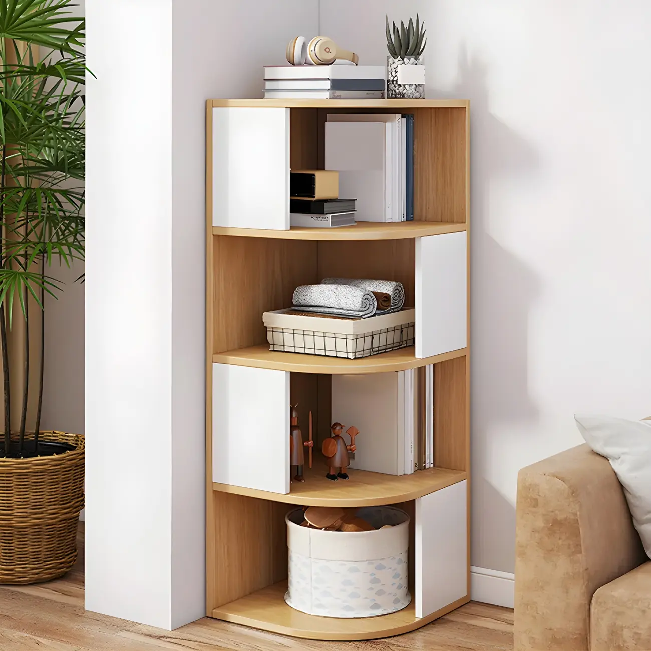 Narrow Modern 5-Tier Wood Brown Corner Bookcase