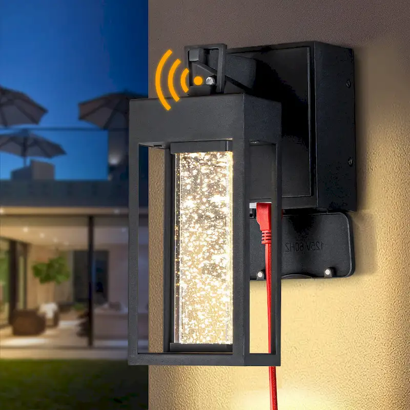Modern LED Outdoor Black Dusk to Dawn Sensor Wall Lantern Sconce with Seeded Glass and built-in GFCI Outlets