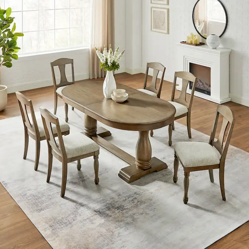 7 Pcs Solid Wood Dining Table Set, , Kitchen Extendable Dining Table Set with Curved Table and 6 Upholstered Chairs