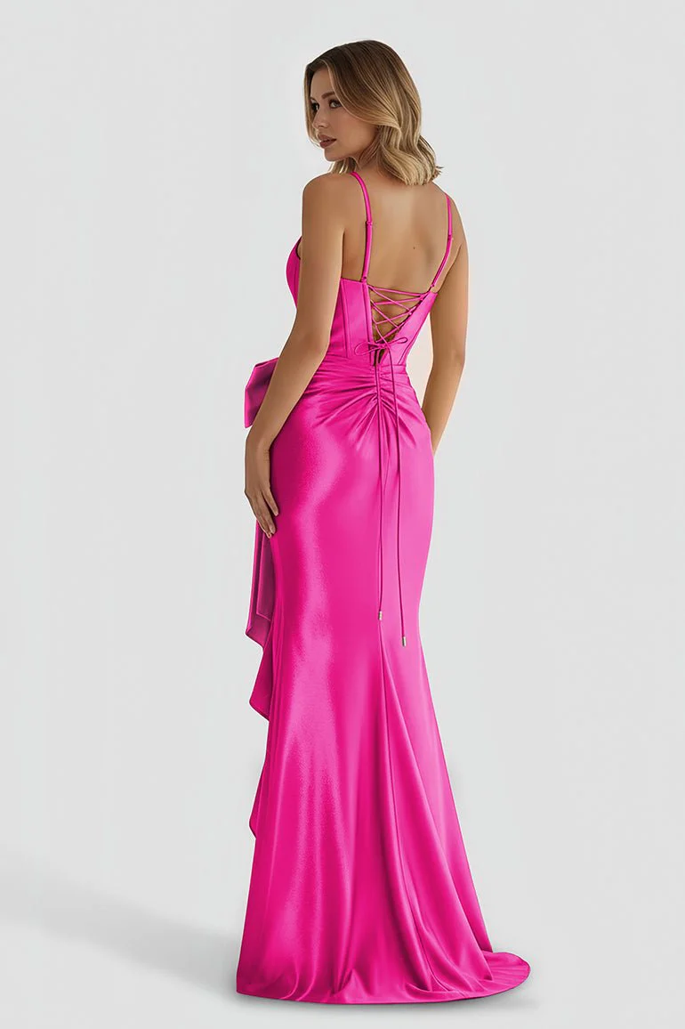 Straps V-Neck Satin Mermaid Prom Dress with Bow