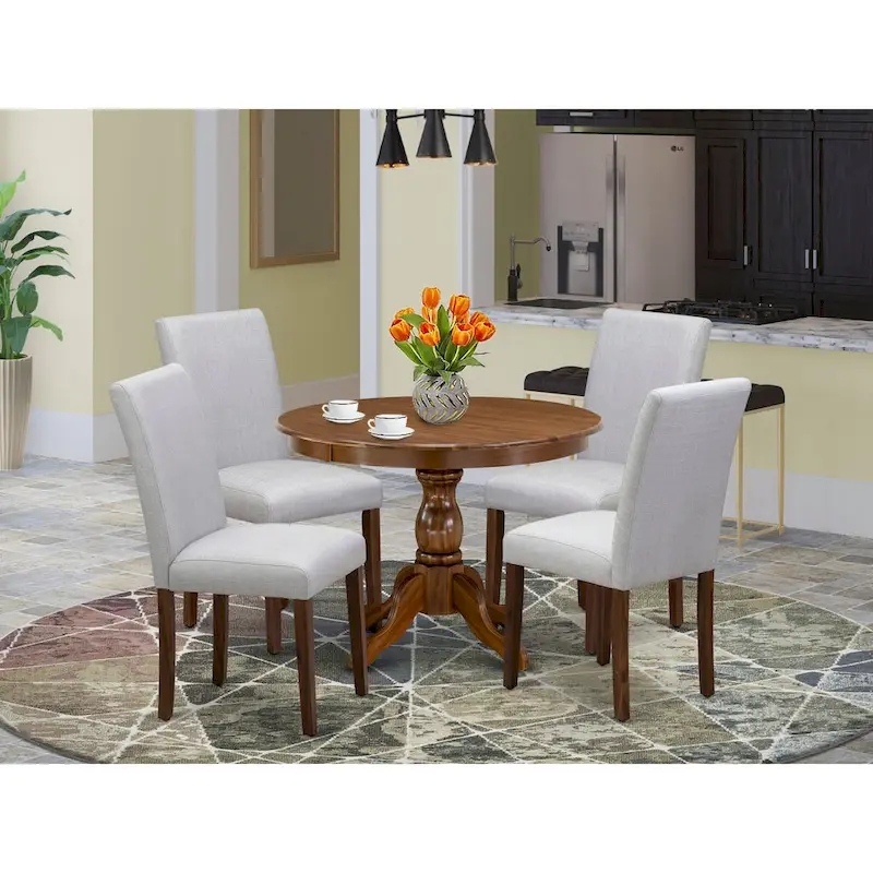 East West Furniture 5 Piece Dinette Set- a Round Dining Table and 4 Parson Dining Chairs, (Finish & Upholstered Option)