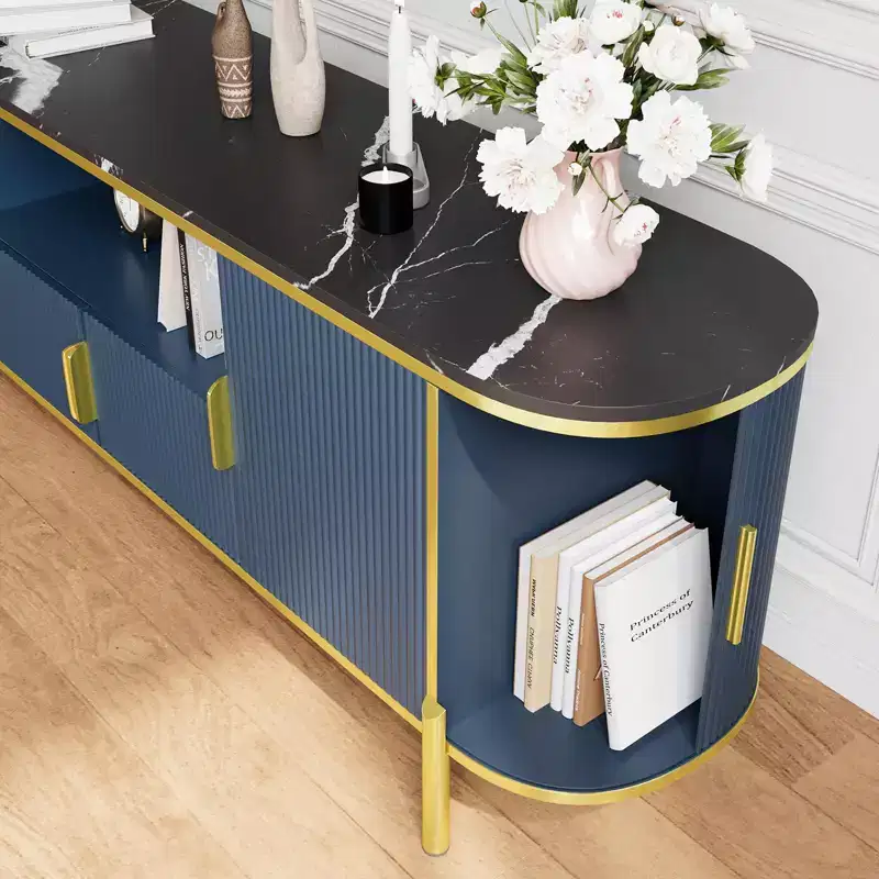 Round Wave Pattern Four-Door TV Stand , Adjustable Shelves, Imitation Marble Top, Gold Metal Decoration, Soft Closing Hinges