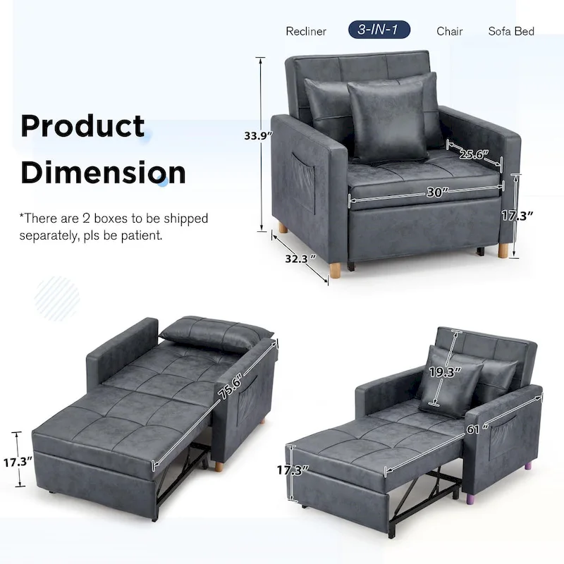 AECOJOY Adjustable Sleeper Chair Bed 3-in-1 Convertible Futon Sofa