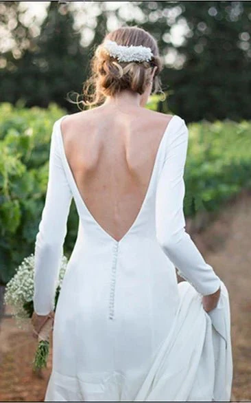 Simple Chiffon Sheath Bateau-neck Deep-V Back Bridal Gown with Chapel Train
