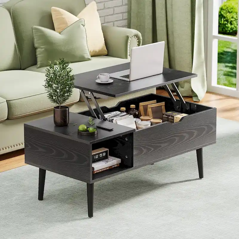 Black / Brown Lift Top Coffee Table with Hidden Storage — 1-Person Use