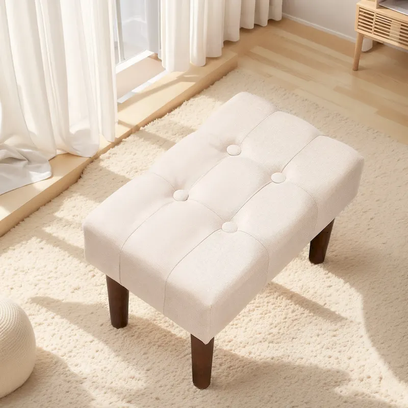 2 Pcs Small Foot Stool Ottoman, Linen Ottoman Foot Rest with Legs, Rectangle Upholstered Footrest