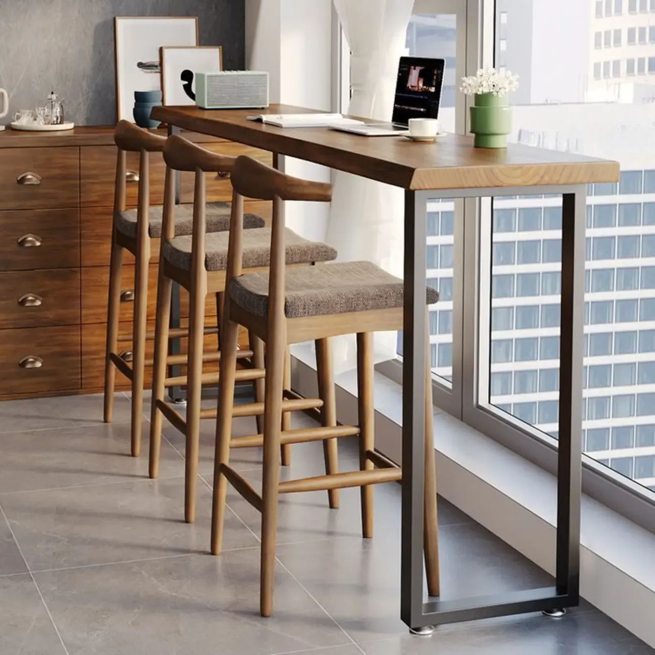 Modern Brown Wooden Top Rectangle Bar Table Metal Base