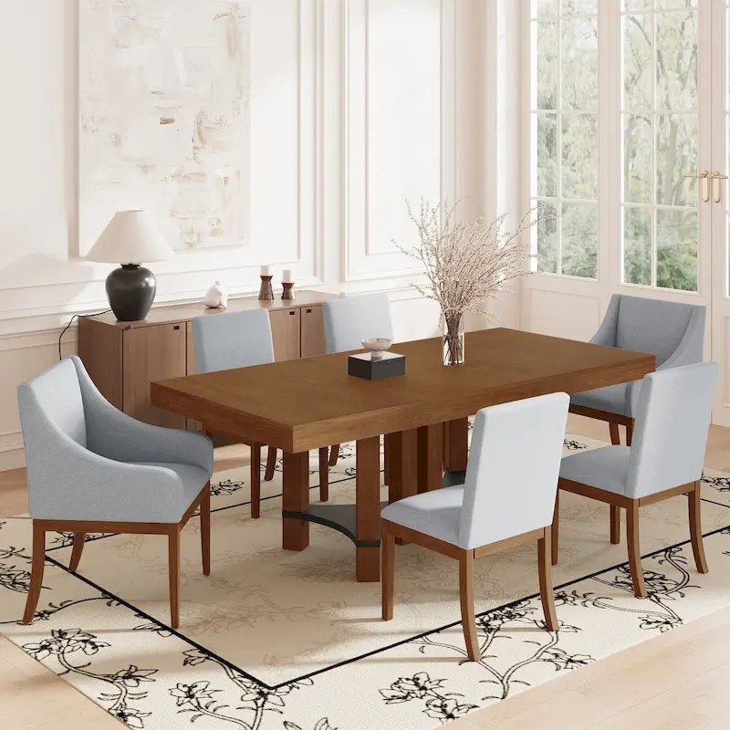 Rustic Style 7-Piece Extendable Dining Table Set with Removable Leaf, 2 Arm Chairs and 4 Armless Chairs