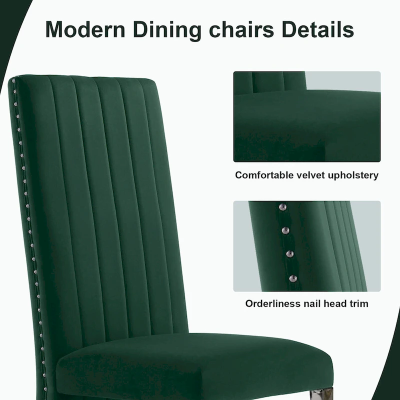Modern Channel High Back Dining Chairs with Nailhead Trims and Polished Metal Legs