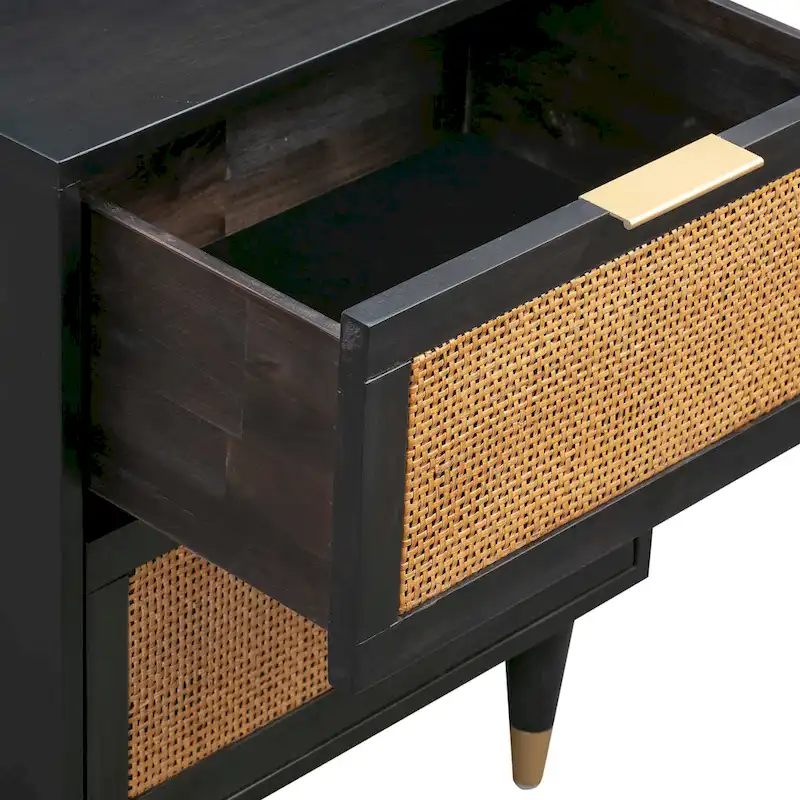 Cane Nightstand with 2 Soft-Close Drawers and Brass Details