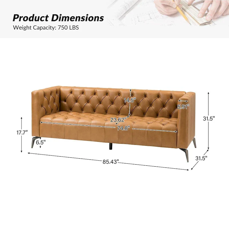 Transitional Genuine Leather Sofa with Metal Legs and Tufted Back