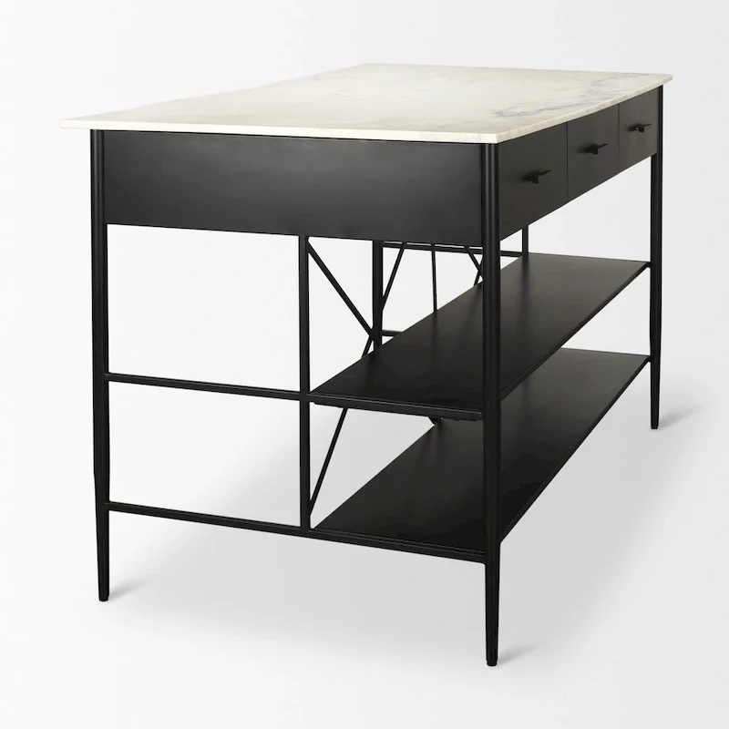 White Marble Kitchen Island with Black Metal Frame - 3 Drawers