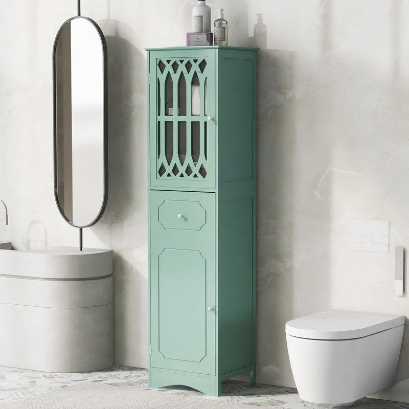 Bathroom Tower Cabinet 63.8H Freestanding MDF 2 Cabinets 1 Drawer Acrylic Door White