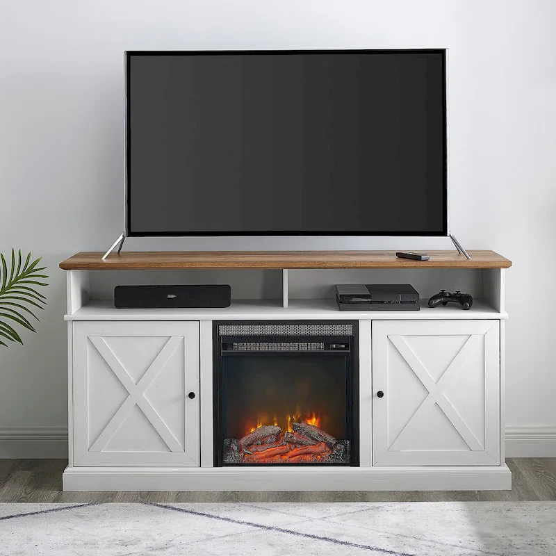 60-Inch Barn Door Fireplace TV Stand with Open Shelves