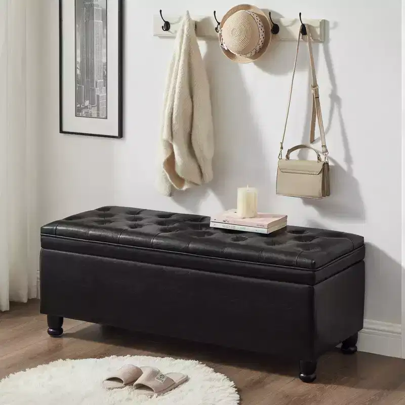 Storage Ottoman Bench with Sturdy Wood FrameLinen Button, Upholstered Faux Leather, Bedroom Storage Bench for Living Room or Bedroom