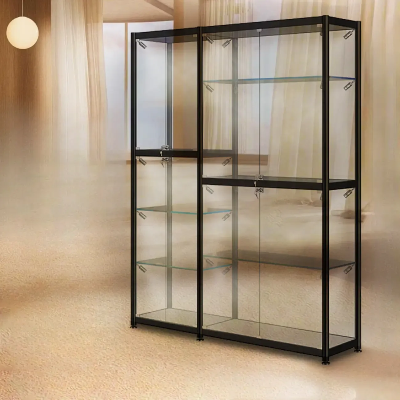 Modern Black Clear Glass LED Adjustable Display Cabinet