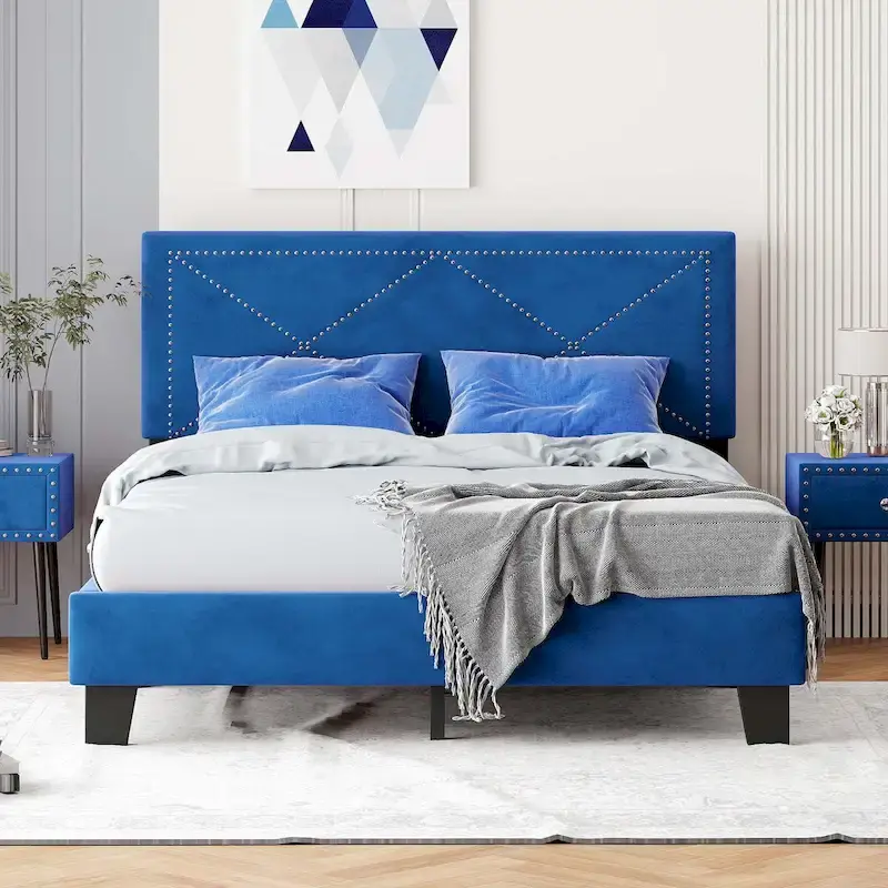 Simple Queen Size Upholstered Bed Frame with Rivet Design, Modern Velvet Platform Bed with headboard