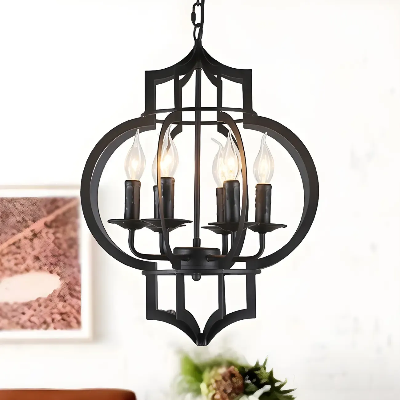 Industrial Black Metal Lantern Candle Chandelier