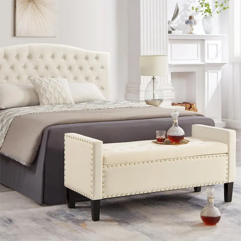 Black / Gray / Beige / Navy Velvet Tufted Storage Bench, Single Seat