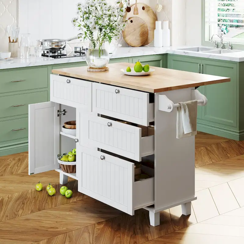 Topmax Farmhouse Kitchen Island Set With Drop Leaf And 2 Seatings