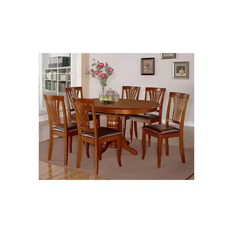 7-Piece Oval Saddle Brown Finish Solid Wood Top Dining Table with 6-Chairs with