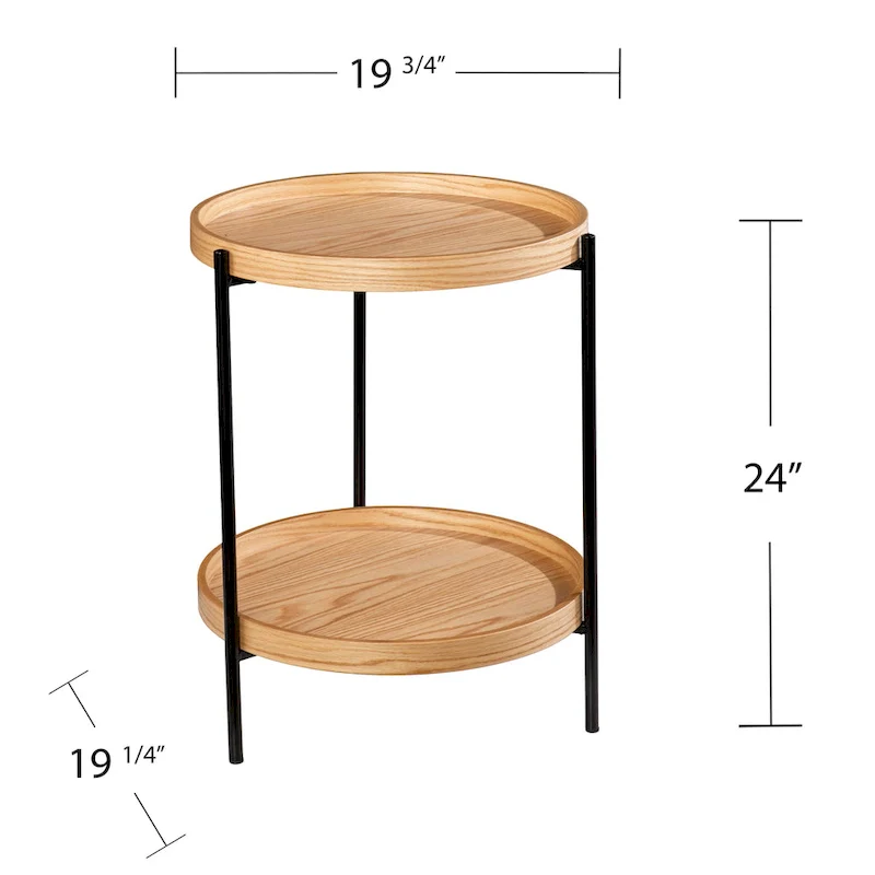Round Wood Side Table with Metal Frame and Shelf